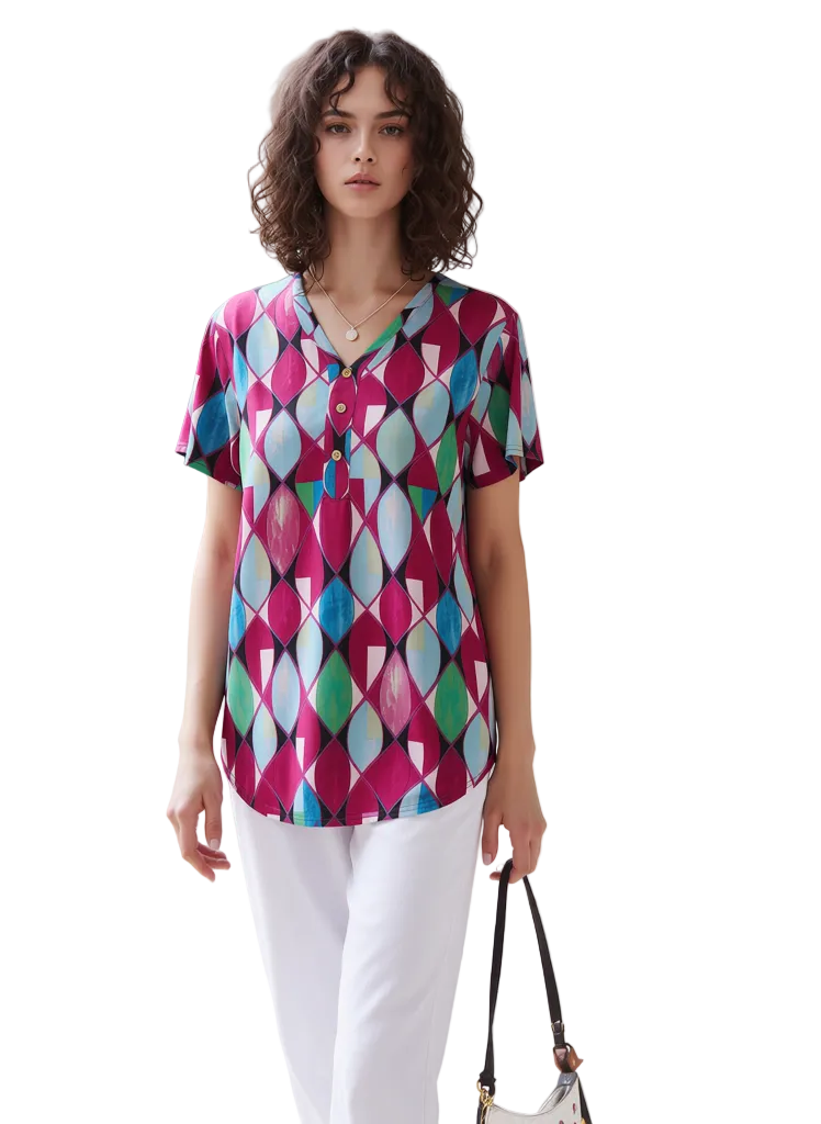 Vibrant Fuchsia & Teal Geometric Print Blouse for Women | Boho Short Sleeve V-Neck Top