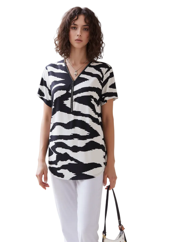 Black & White Zebra Print Half-Zip Short Sleeve T-Shirt for Women - Stylish Animal Print Casual Top