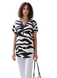 Black & White Zebra Print Half-Zip Short Sleeve T-Shirt for Women - Stylish Animal Print Casual Top
