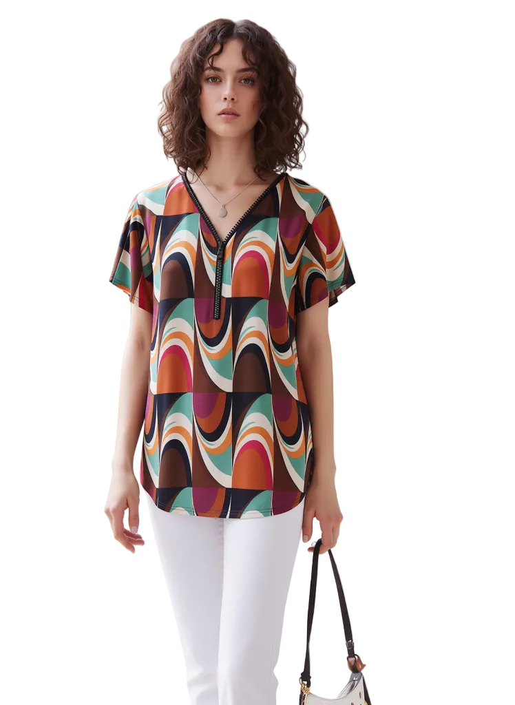 Women's Multi-Color Abstract Print V-Neck Short Sleeve Blouse - Stylish & Comfortable Everyday Top