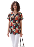 Women's Multi-Color Abstract Print V-Neck Short Sleeve Blouse - Stylish & Comfortable Everyday Top