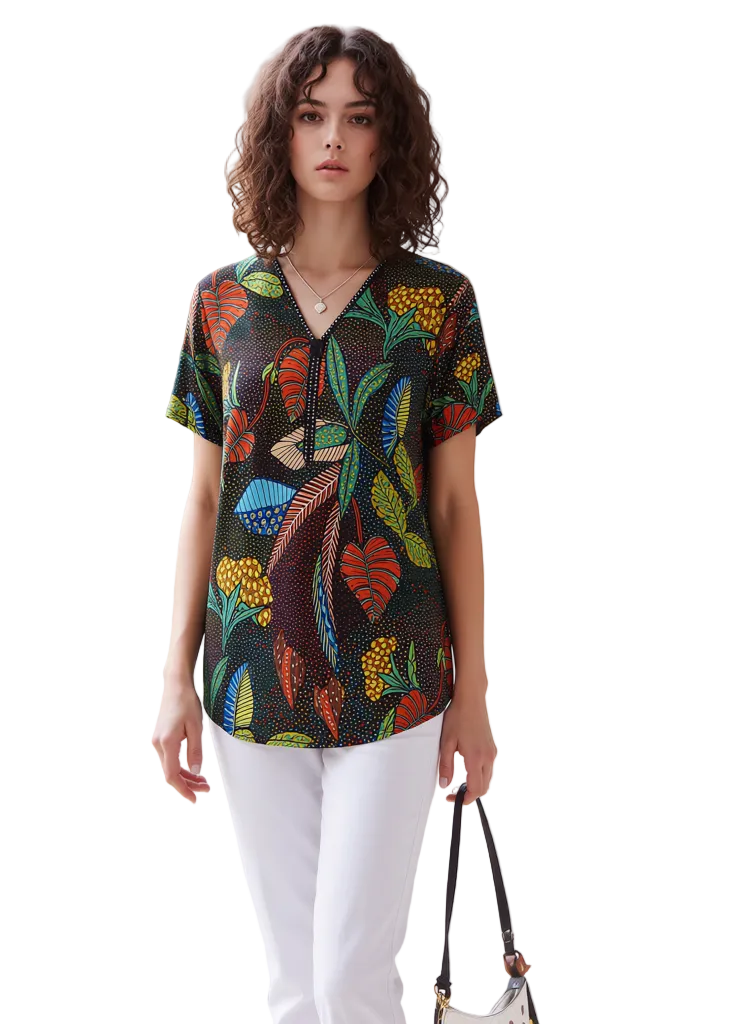 Vibrant Multi-Color Tropical Print V-Neck Blouse for Women - Short Sleeve Black Top