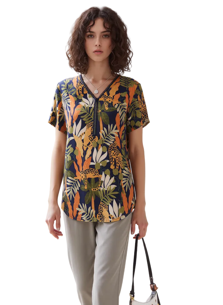 Vibrant Dark Navy Multi-Color Animal & Botanical Print Short Sleeve V-Neck Blouse for Women