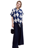 Women's Chic Argyle Print Short Sleeve Blouse - Tie Front Collared Casual Top - Blue & White Pattern Shirt