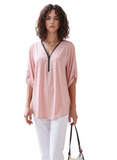 Blush Pink V-Neck Tunic Top for Women | Relaxed Fit 3/4 Roll-Tab Sleeve Blouse | Casual Chic Dolman Shirt