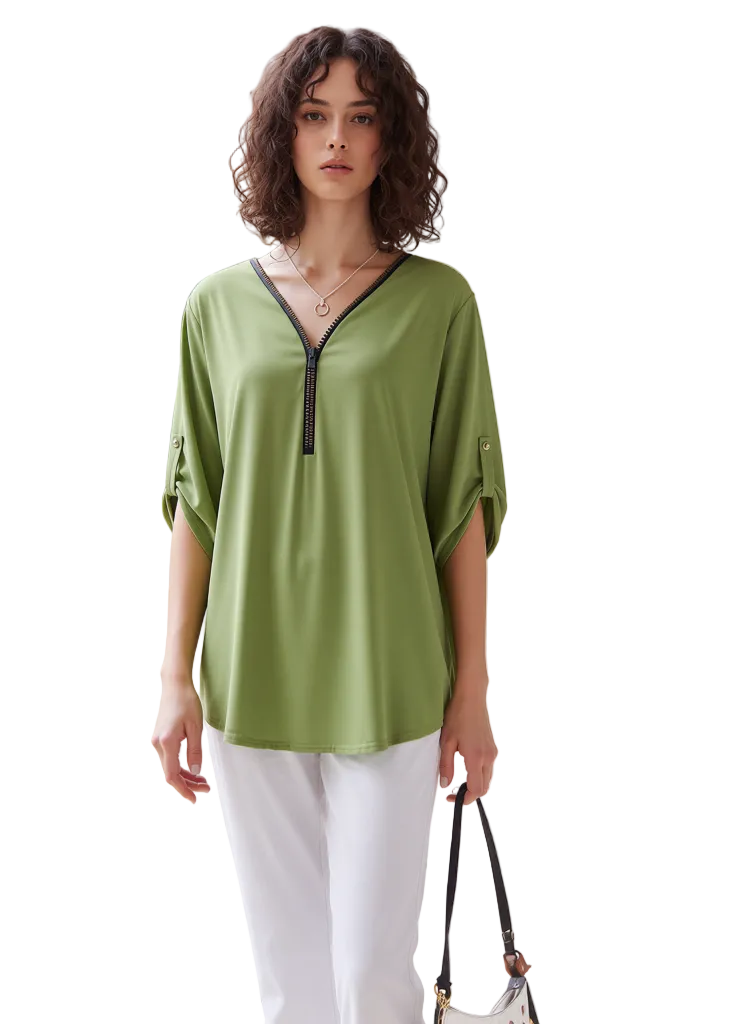 Women's Stylish Green V-Neck Tunic Top with Zipper Detail & Roll-Tab Sleeves - Relaxed Fit Casual Blouse