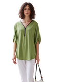 Women's Stylish Green V-Neck Tunic Top with Zipper Detail & Roll-Tab Sleeves - Relaxed Fit Casual Blouse