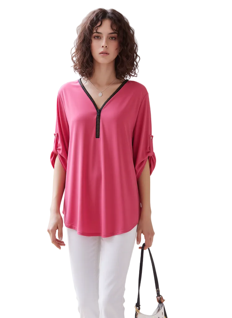 Women's Fuchsia V-Neck Zipper Top | Casual Dolman Sleeve Blouse with Roll-Up Tabs | Soft Relaxed Fit Tunic