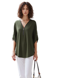 Women's Olive Green Zipper V-Neck Blouse with Roll-Up 3/4 Sleeves - Casual Loose Fit Tunic Top