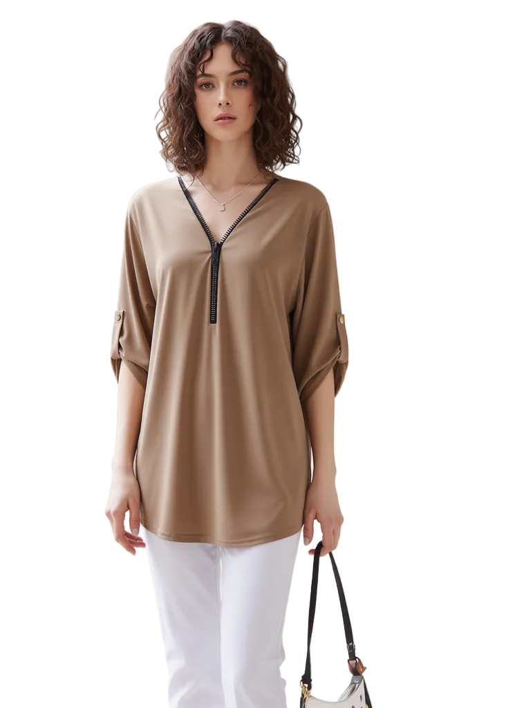 Women's Tan Dolman Sleeve Tunic Top with Zipper V-Neck - Relaxed Fit & Roll-Up Sleeves