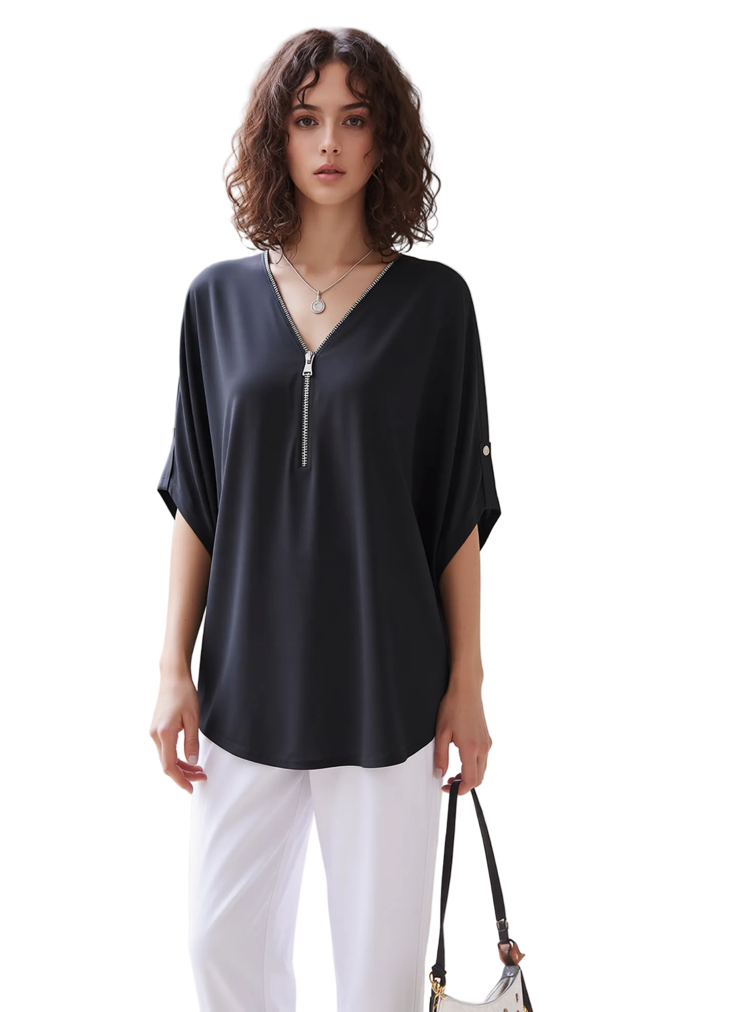 Women's Black V-Neck Zip Blouse | Casual Dolman Sleeve Top with Roll-Tab Sleeves | Everyday Chic