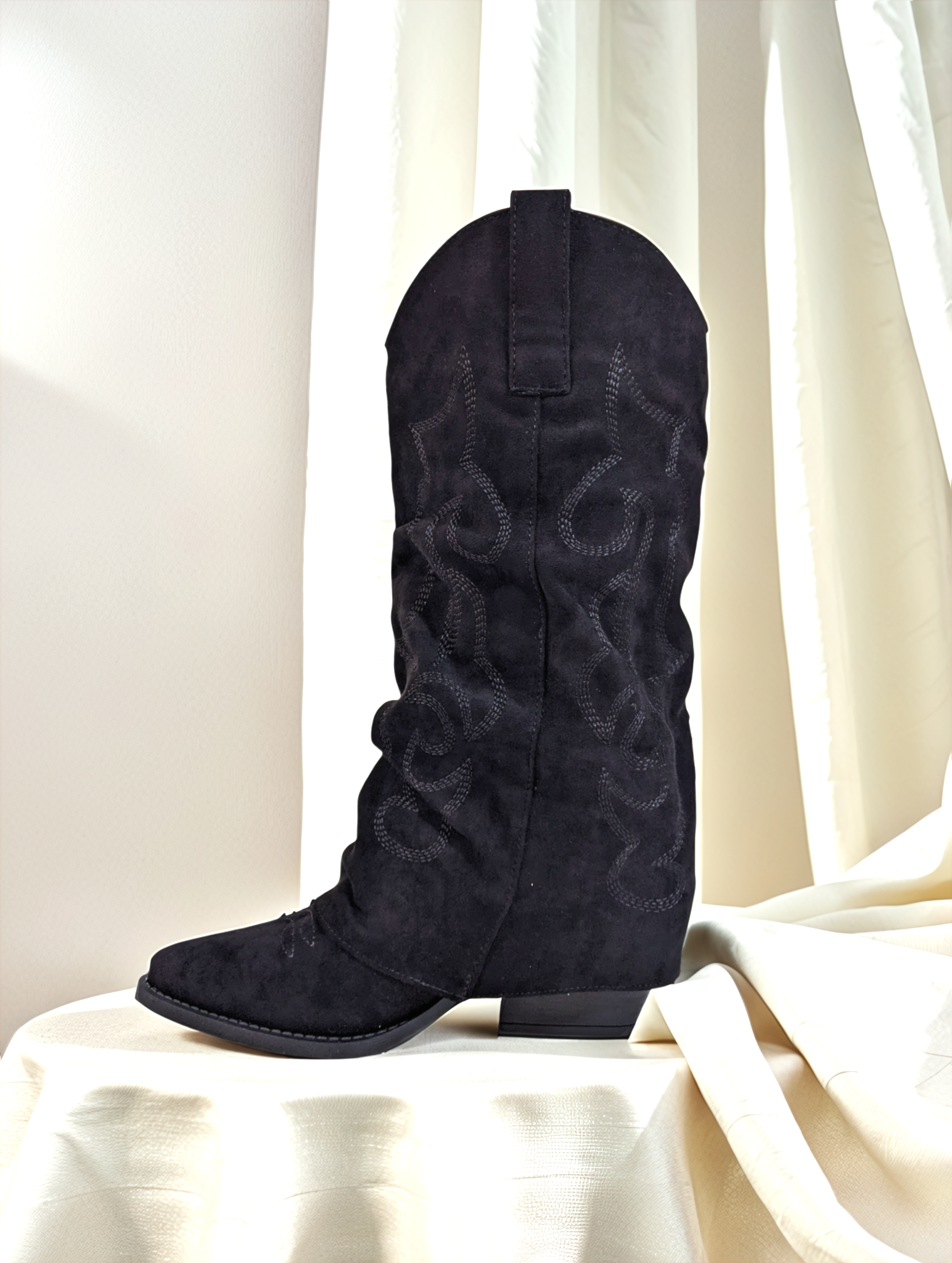 Women's Black Faux Suede Mid-Calf Cowboy Boots with Embroidered Detail - Western Style
