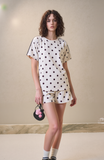 Chic Women's Polka Dot Co-Ord Set - Cream & Black Two-Piece Top & Shorts with Sporty Side Stripes