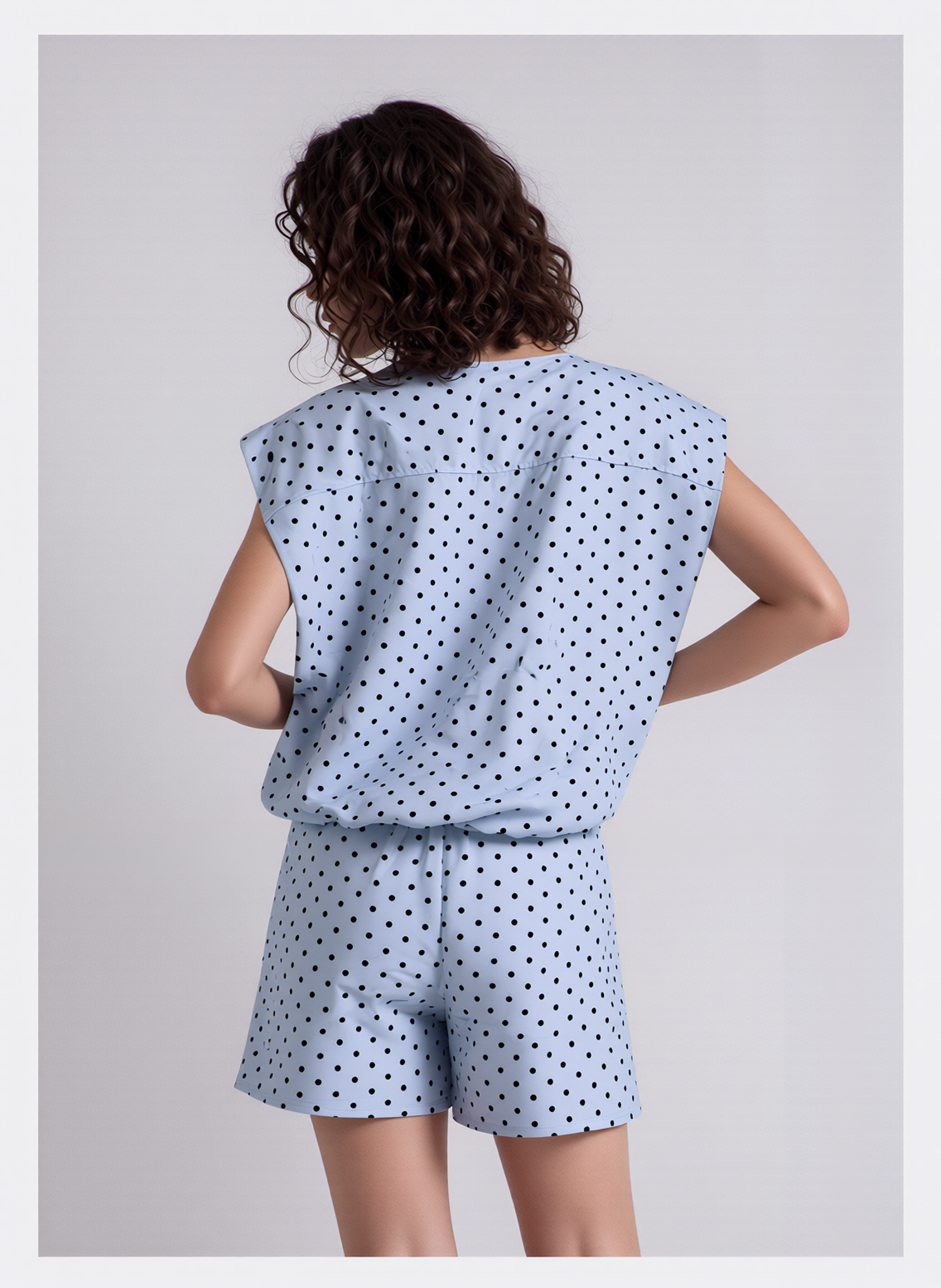 Chic Light Blue Polka Dot Two-Piece Shorts Set for Women - Sleeveless Zipper Blouse & High-Waist Shorts Summer Outfit