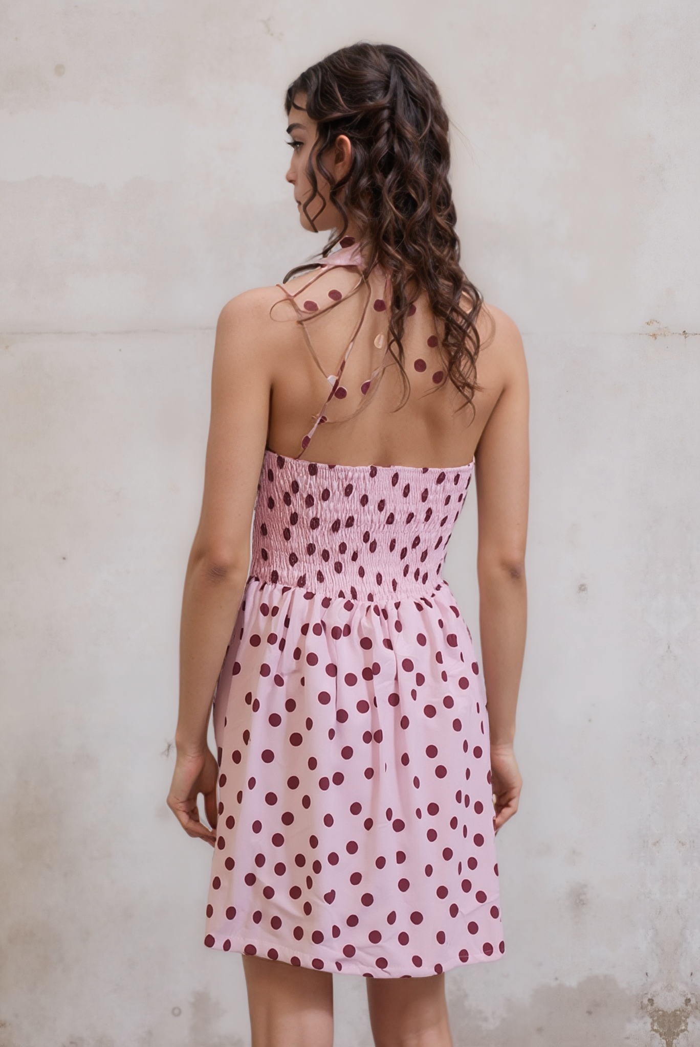 Chic Pink Polka Dot Halter Neck Mini Dress for Women - Sleeveless A-Line Summer Party & Casual Attire