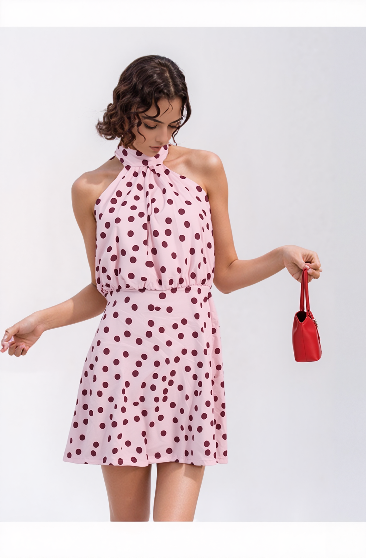 Chic Pink Polka Dot Halter Neck Mini Dress for Women - Sleeveless A-Line Summer Party & Casual Attire