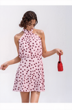 Chic Pink Polka Dot Halter Neck Mini Dress for Women - Sleeveless A-Line Summer Party & Casual Attire