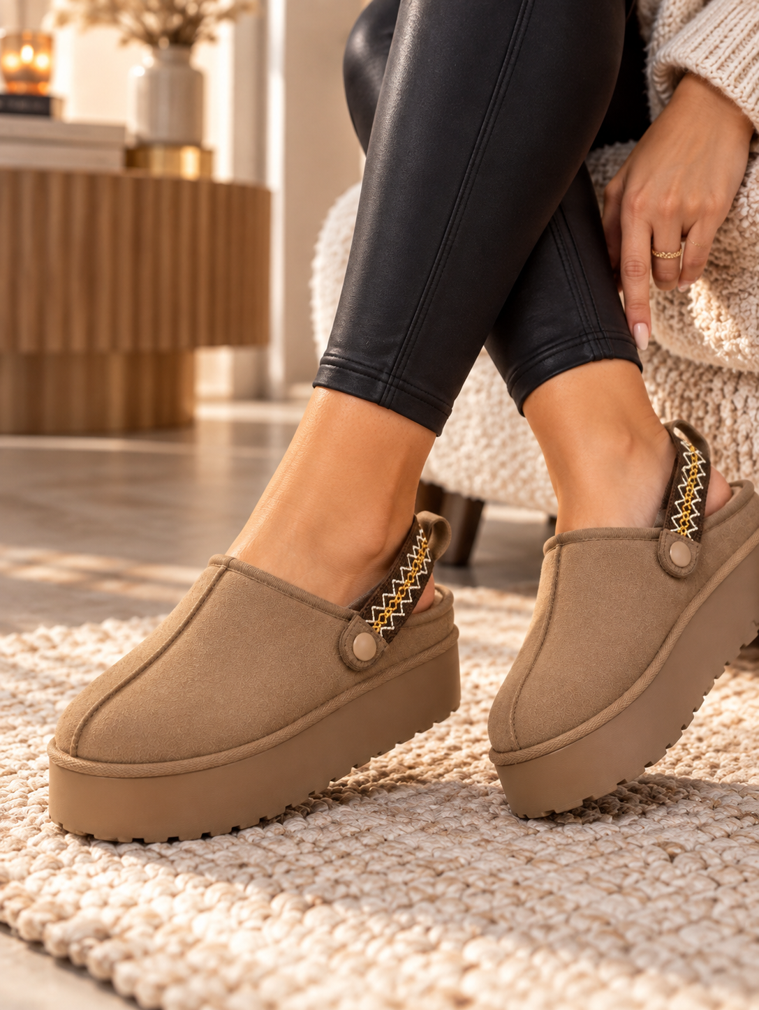 Taupe Platform Faux Suede Mule Clogs with Adjustable Slingback Strap