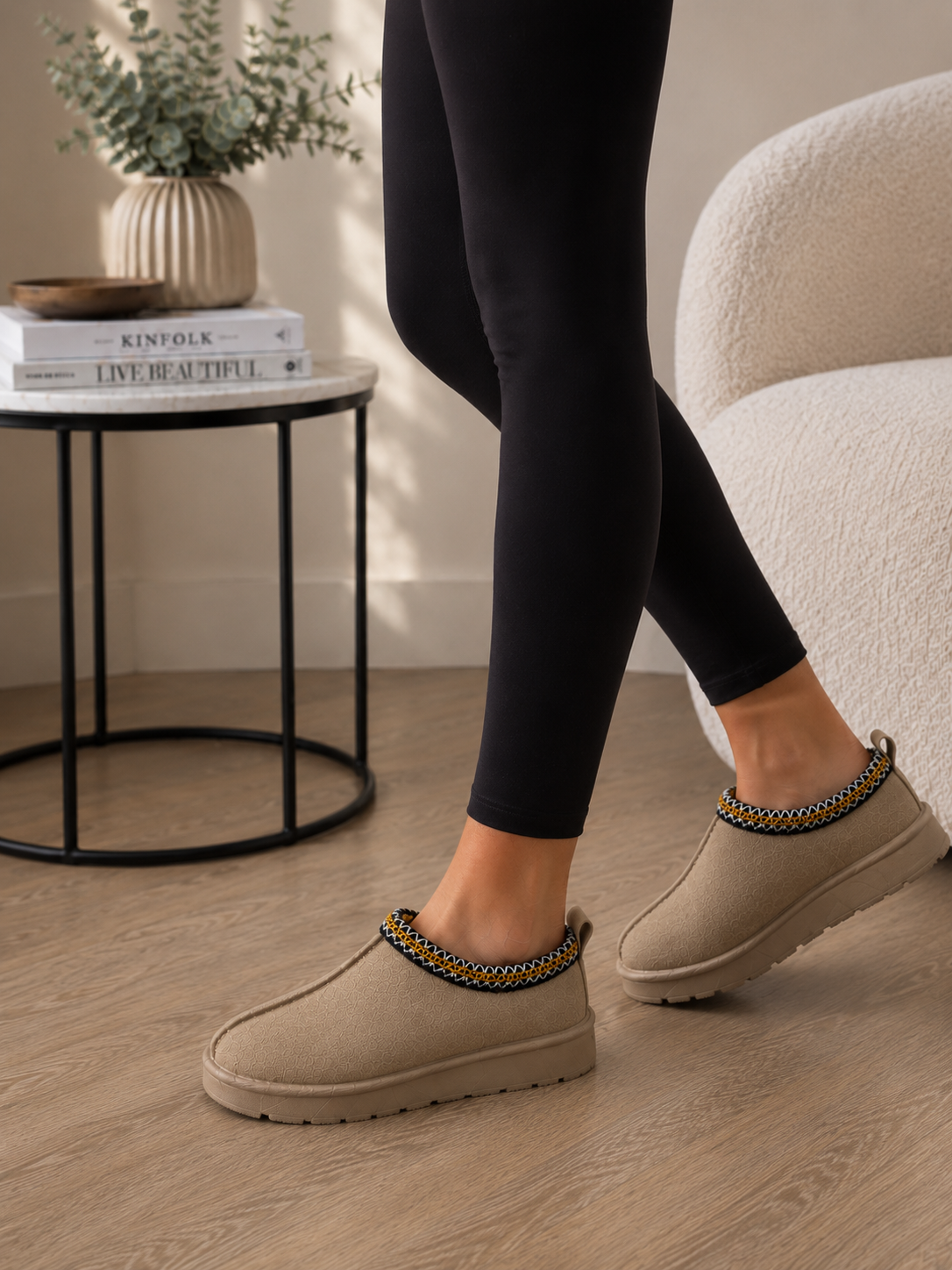 Taupe Snug Mule Slippers Cosy Faux Suede Slip-On Shoes