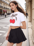White Bow Cherry Graphic Leopard Printed Crop Top