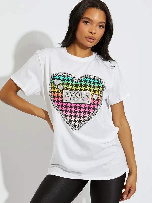 White Chain Heart Paris Amour Graphic T-Shirt