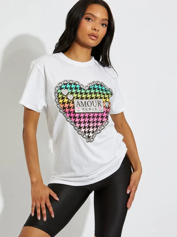 White Chain Heart Paris Amour Graphic T-Shirt 8