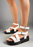 White Chunky Platform Cross Over Strap Buckle Sandal