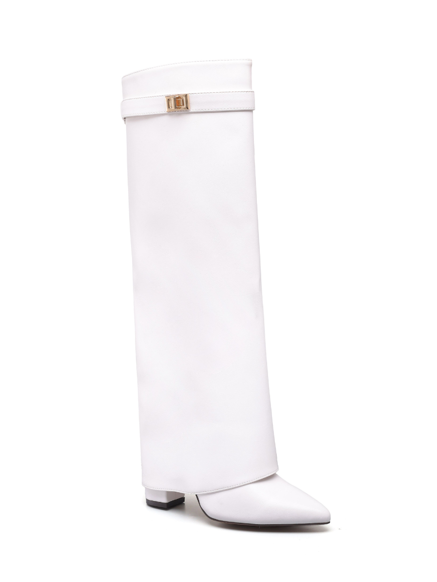 White Fold Over Gold Buckle Heeled Cowboy Boots