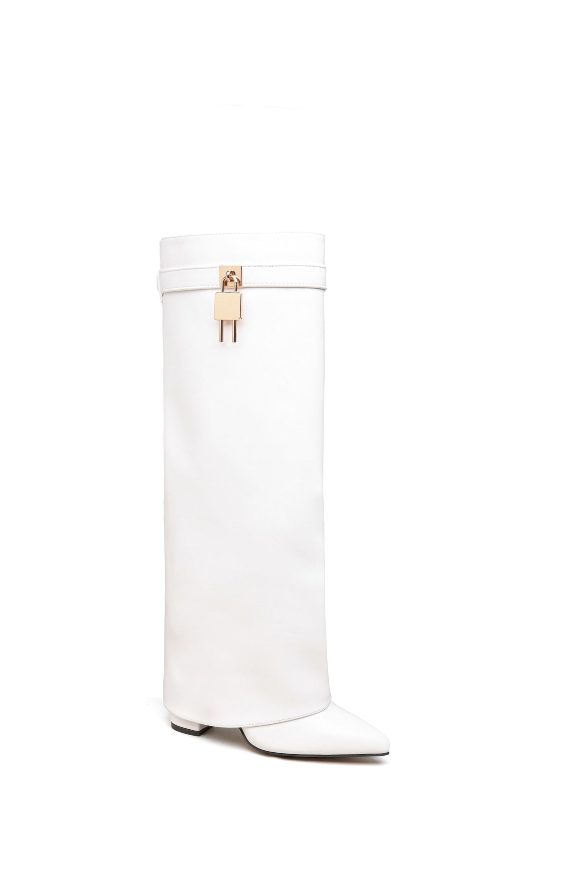 White Fold Over Gold Padlock Buckle Heeled Cowboy Boots