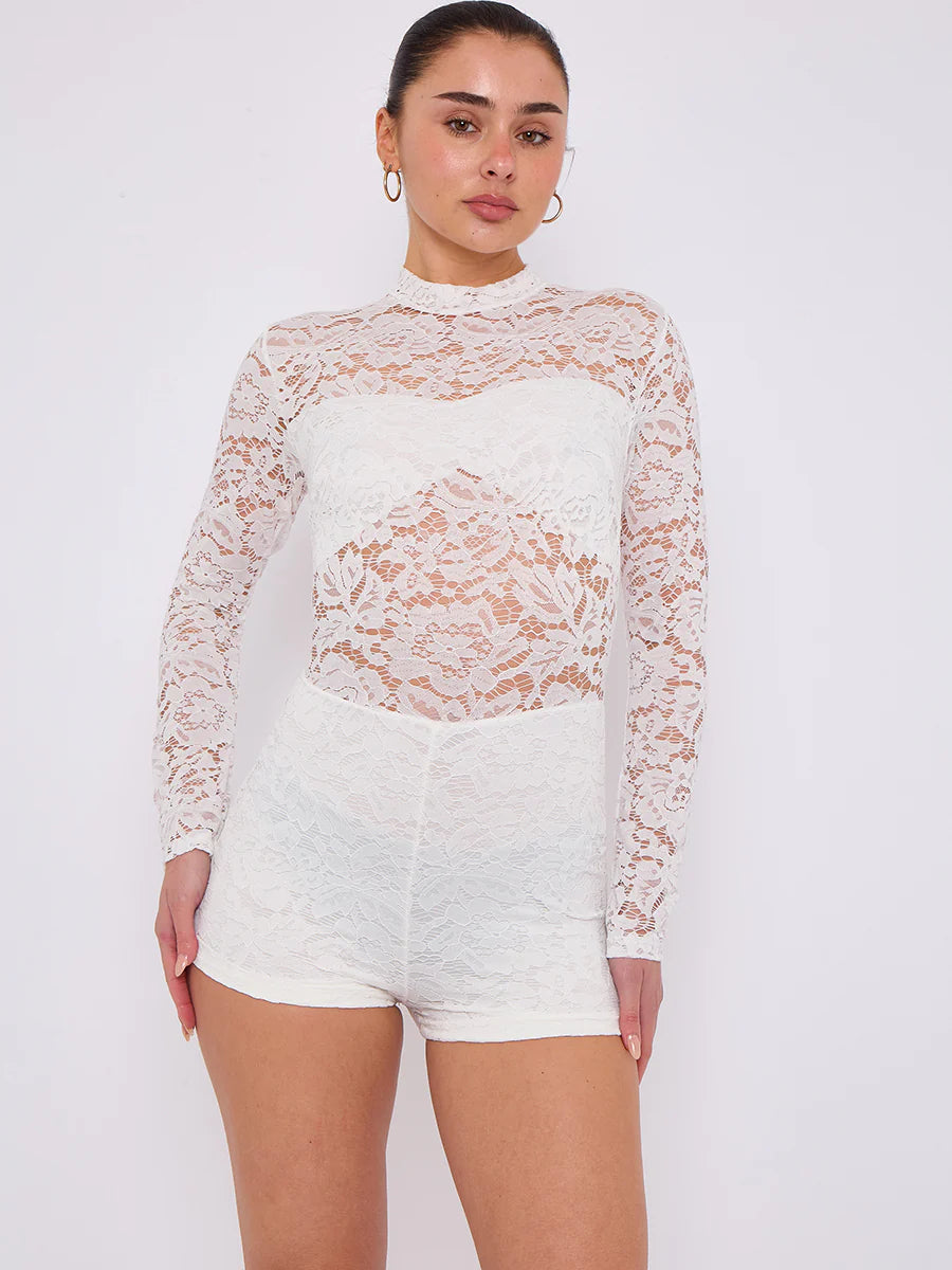 White Lace Detail High Neck Long Sleeves Bodycon Playsuit