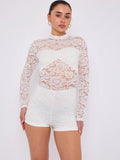 White Lace Detail High Neck Long Sleeves Bodycon Playsuit