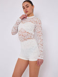 White Lace Detail High Neck Long Sleeves Bodycon Playsuit