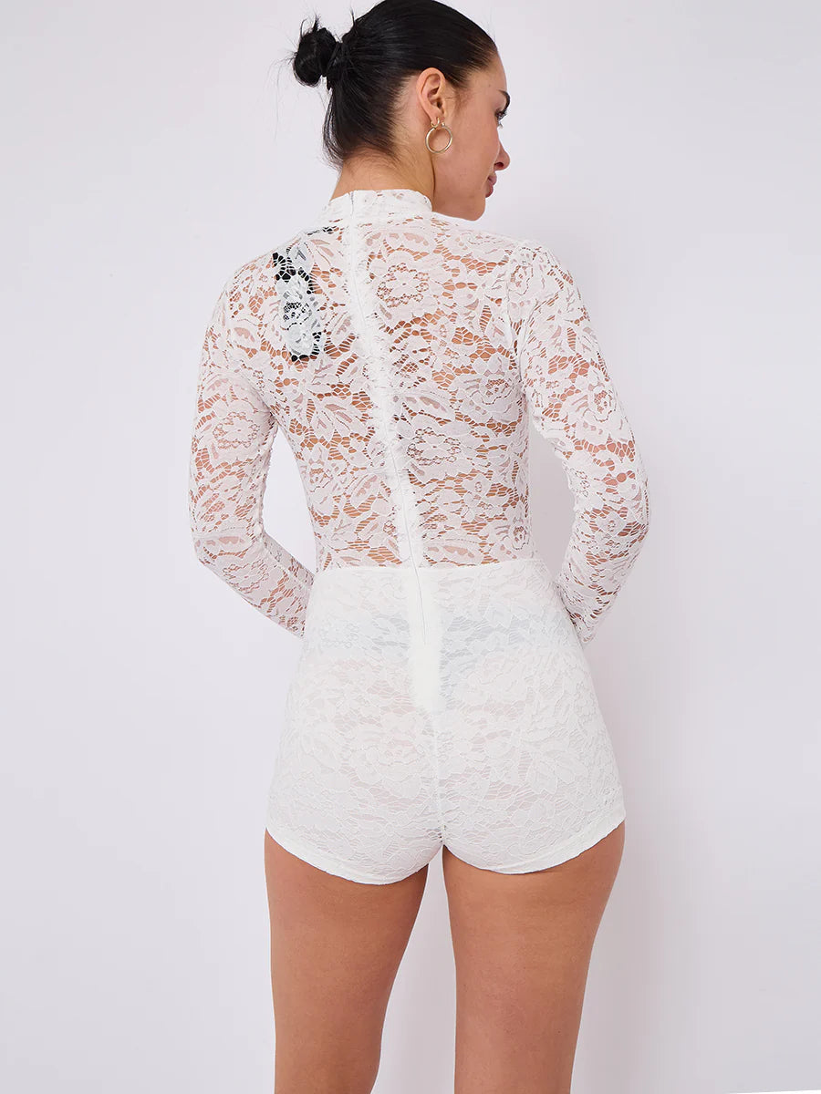 White Lace Detail High Neck Long Sleeves Bodycon Playsuit
