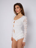 White Lace Frill Detail Open Back Long Sleeves Bodycon Playsuit
