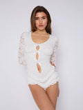 White Lace Frill Detail Open Back Long Sleeves Bodycon Playsuit
