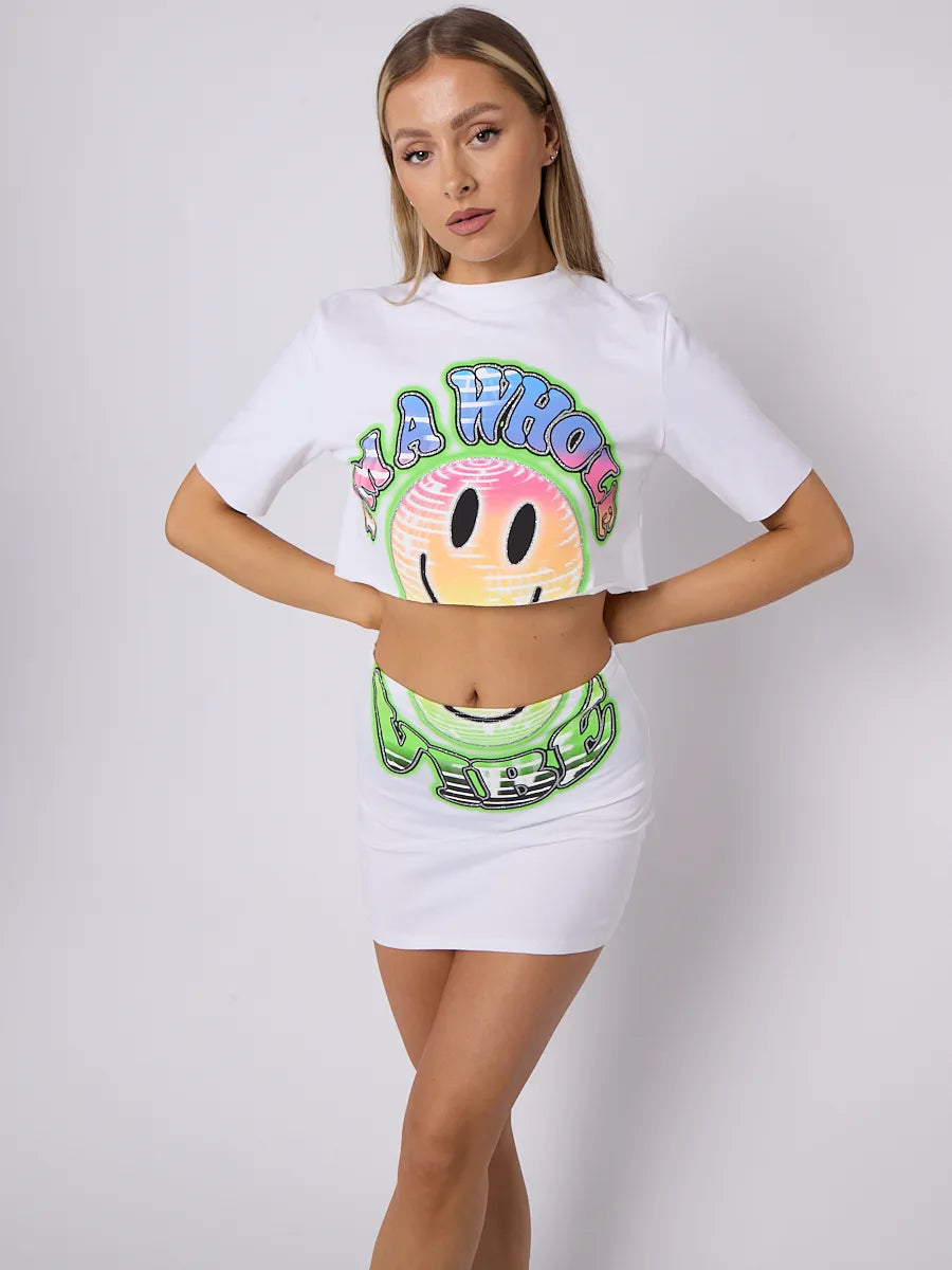 White Smiley Graphic Crop Top & Skirt Co-Ord