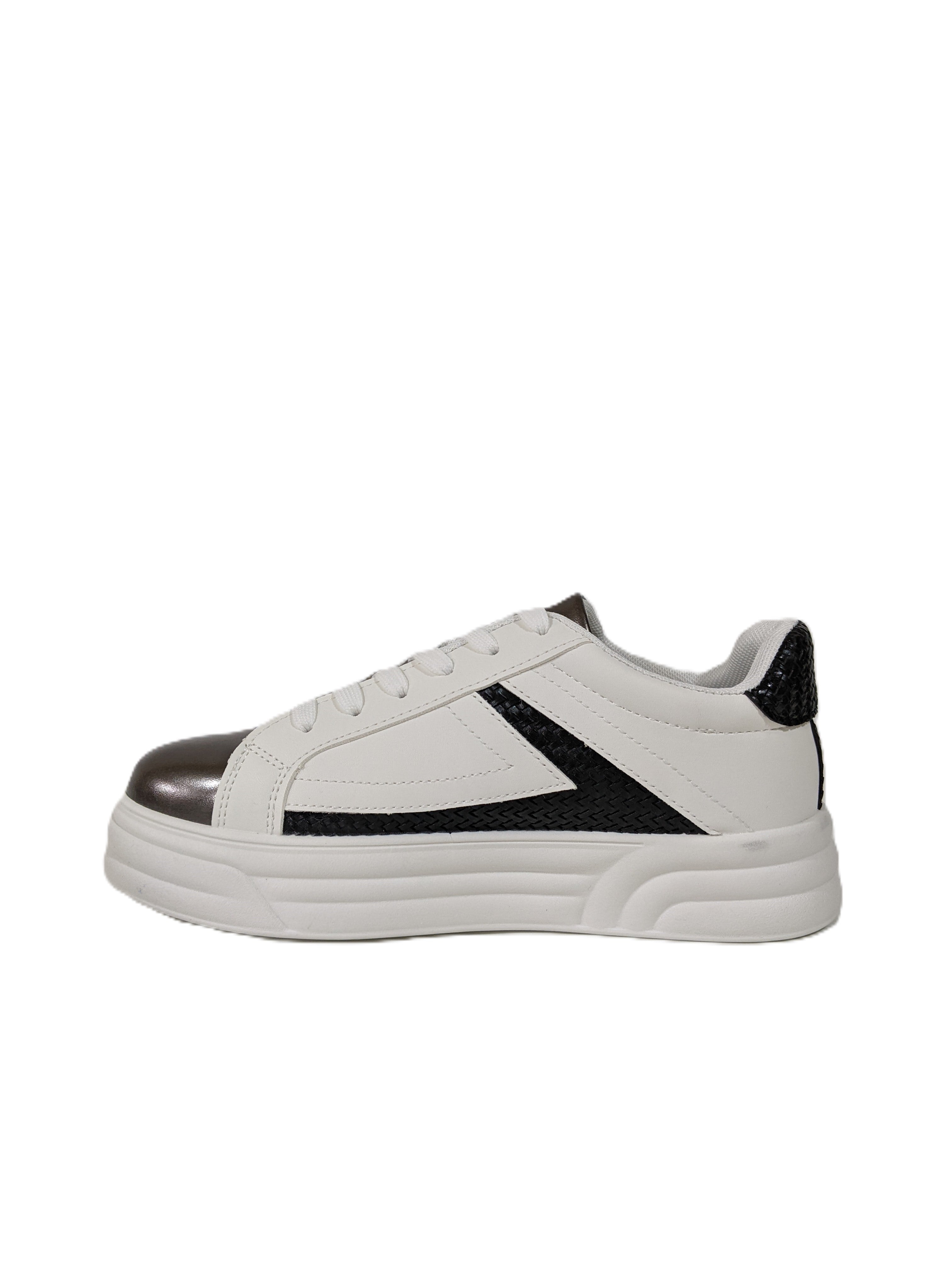 White & Black Studded Lace-Up Trainers