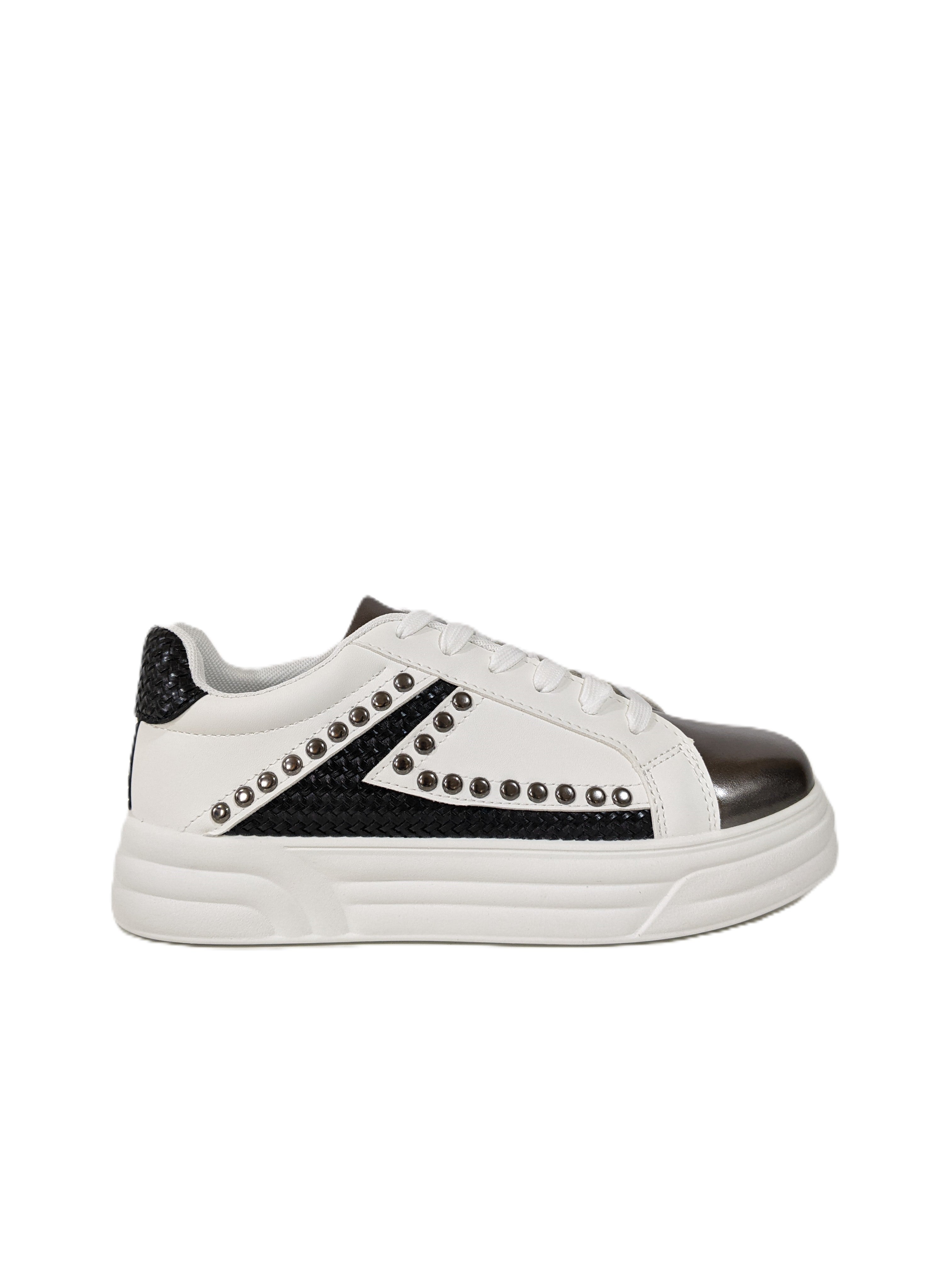White & Black Studded Lace-Up Trainers