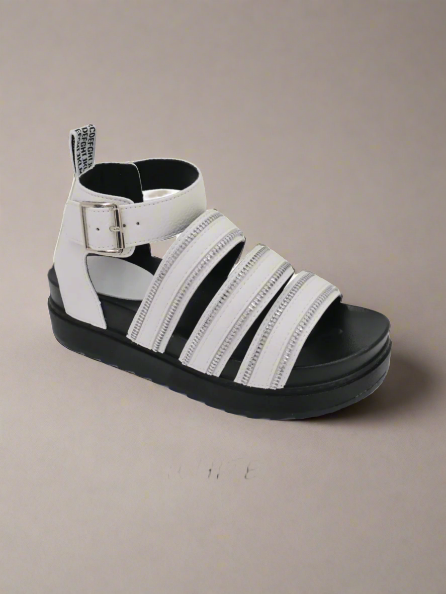 White Chunky Platform Zip Detail Buckle Sandal