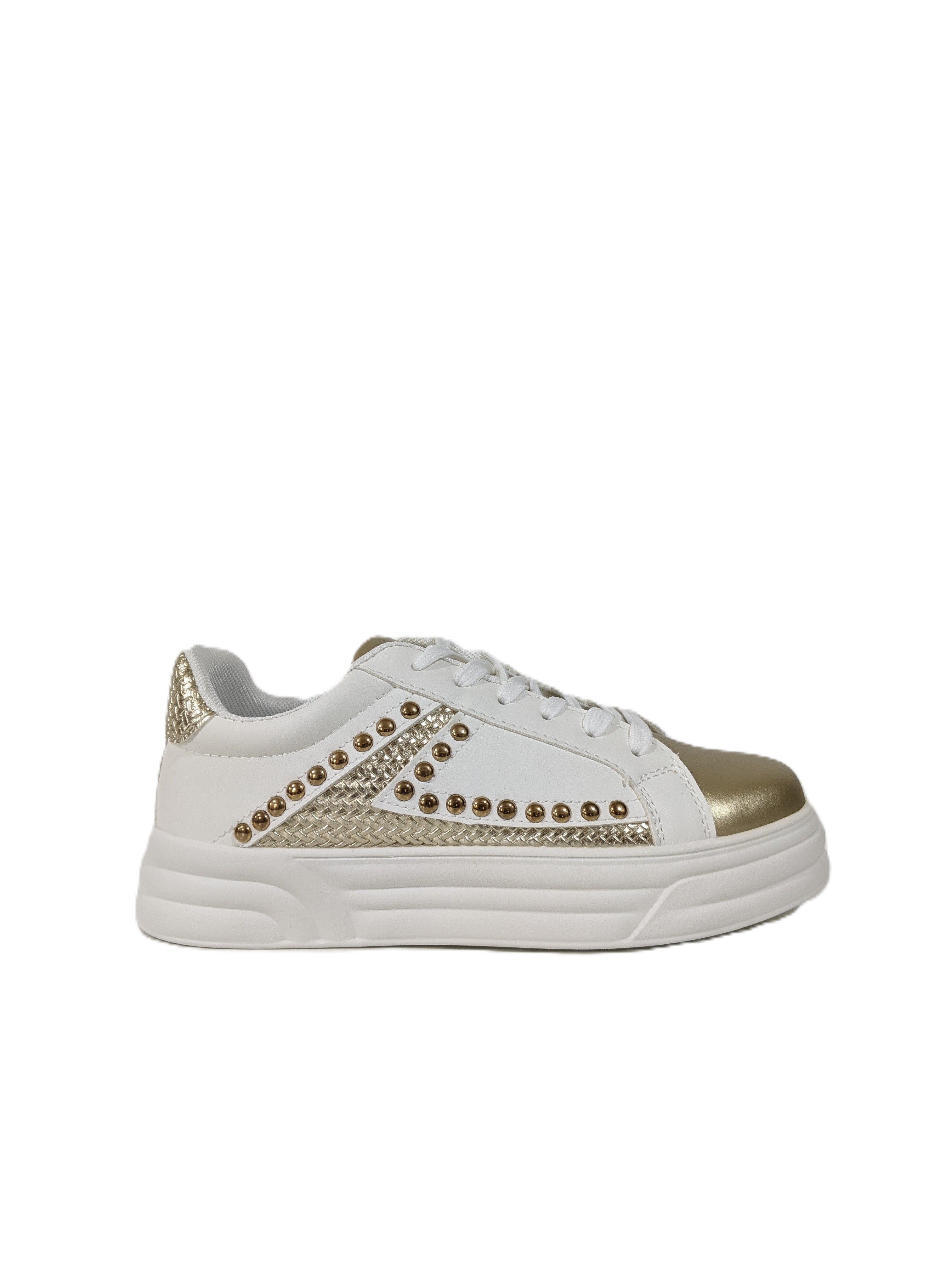White & Gold Studded Lace-Up Trainers