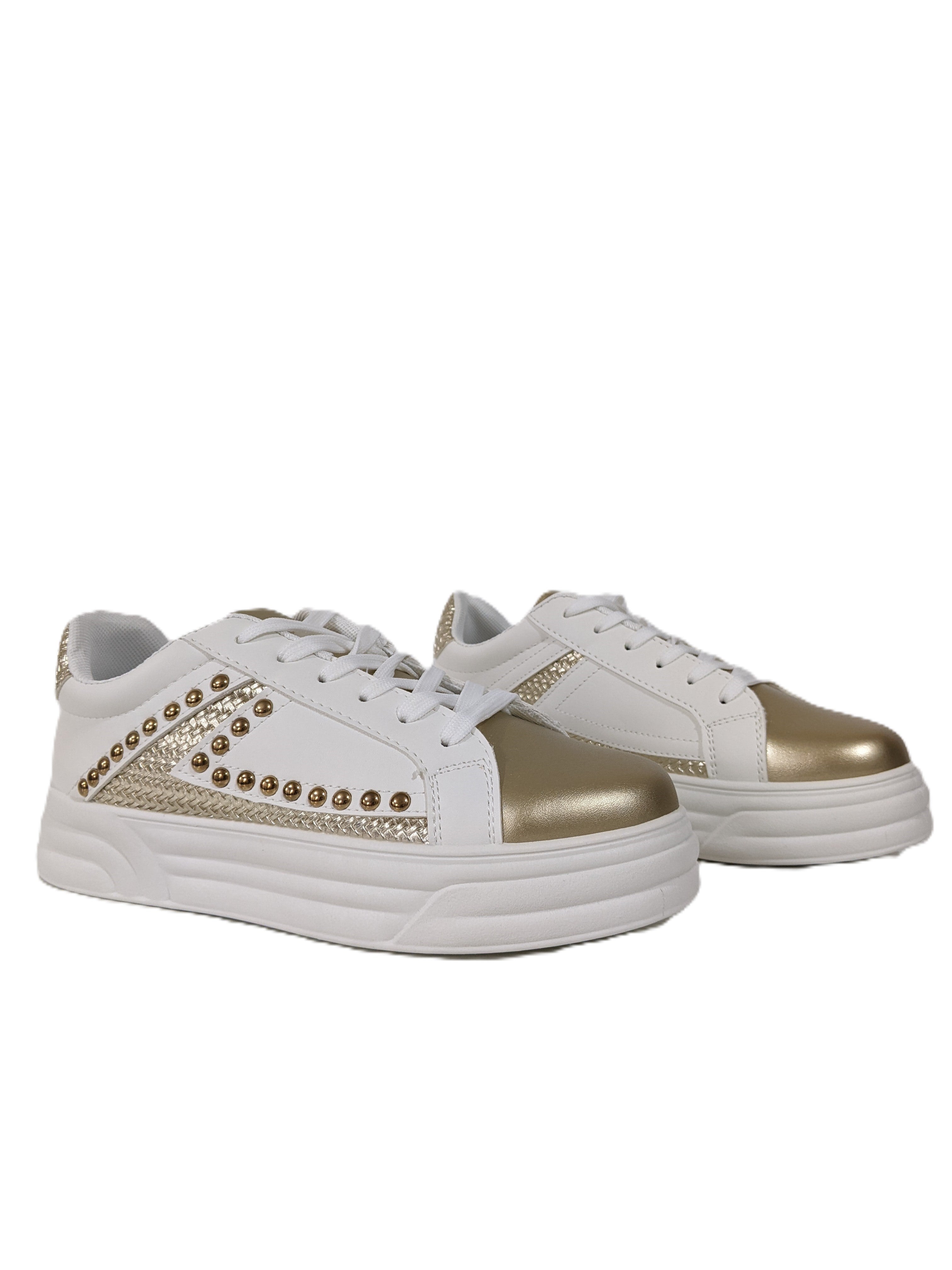 White & Gold Studded Lace-Up Trainers