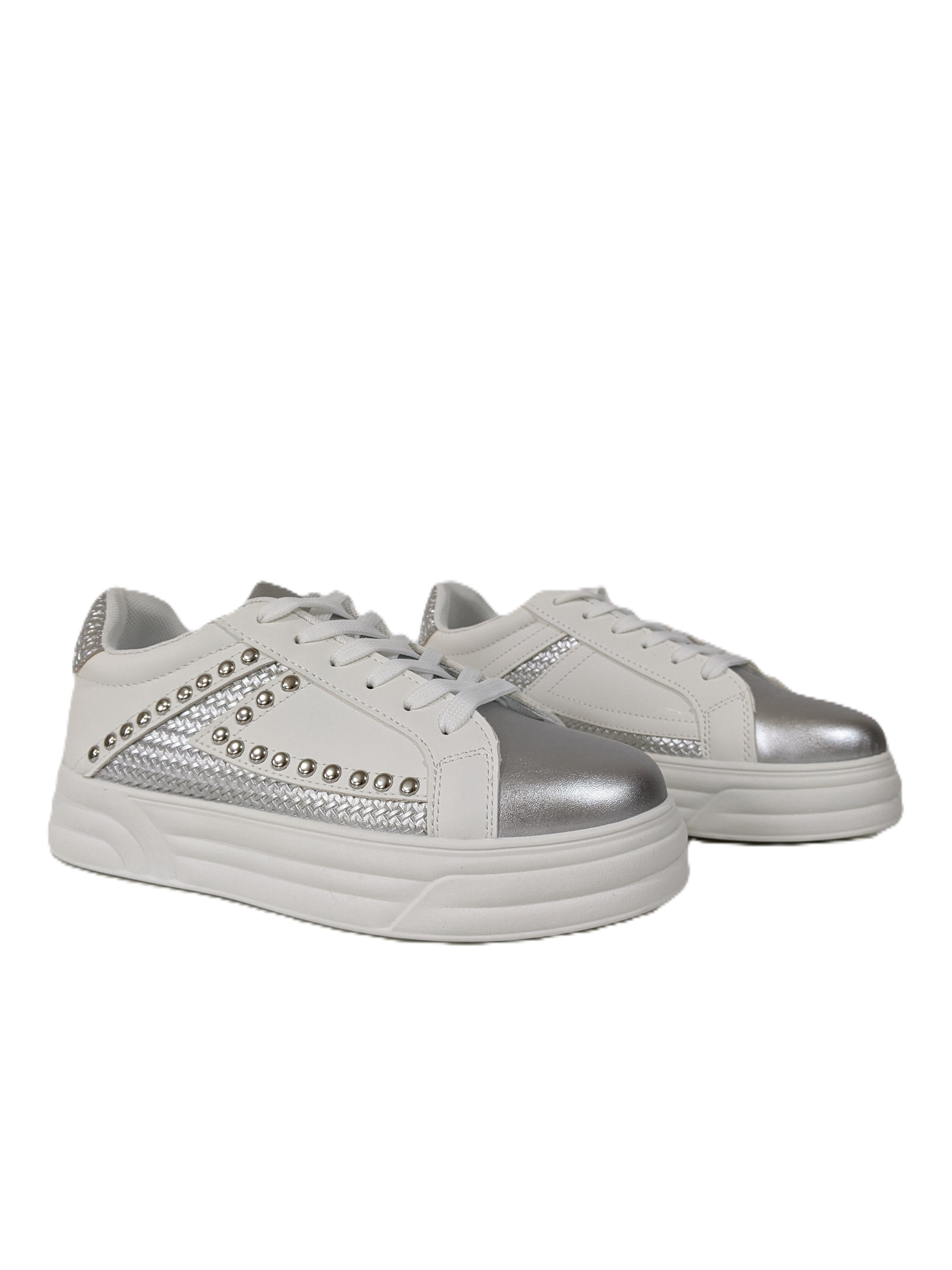 White & Silver Studded Lace-Up Trainers