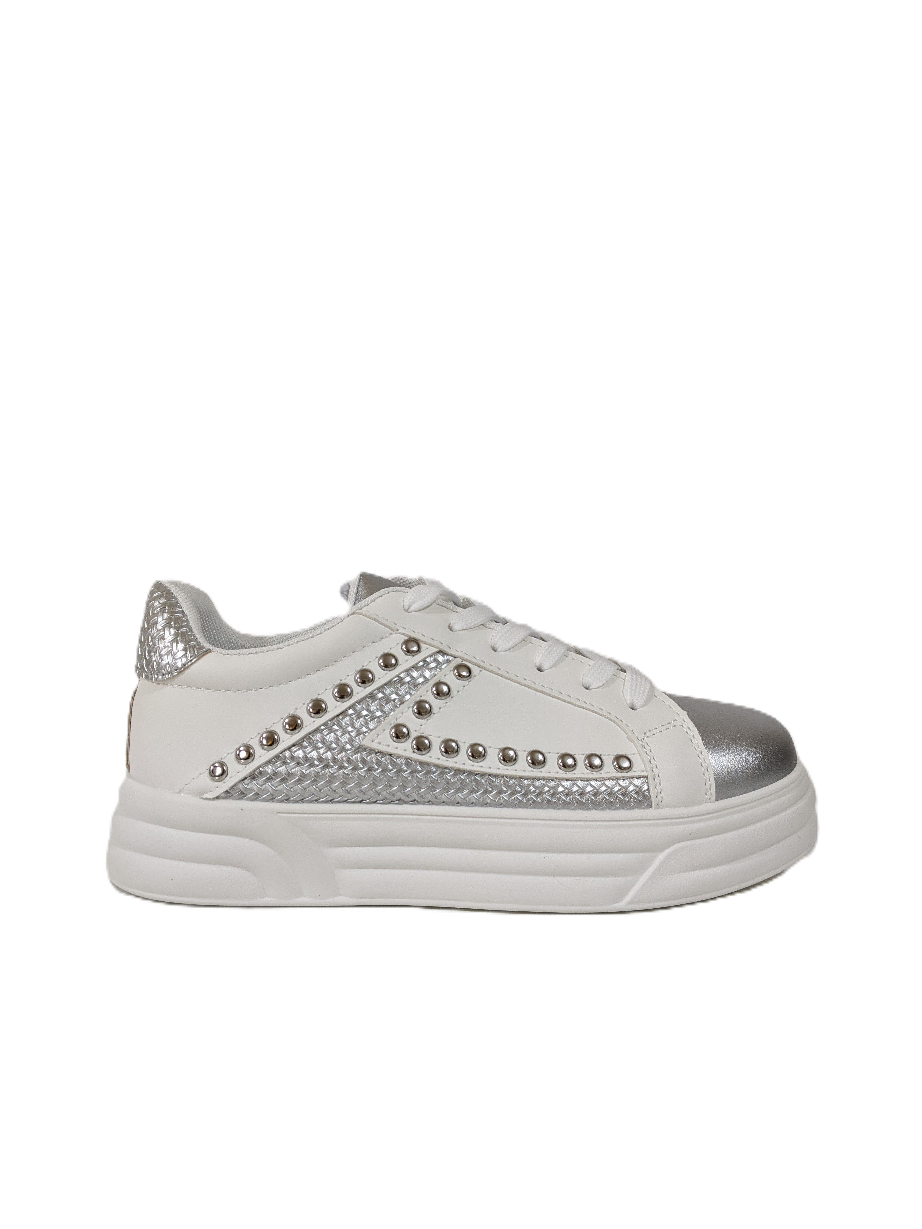 White & Silver Studded Lace-Up Trainers