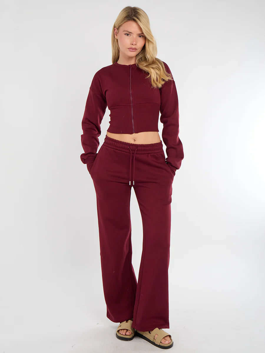 Wine Cropped Zip Up Sweatshirt & Wide Leg Joggers Loungewear Tracksuit