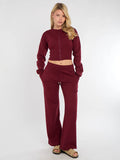 Wine Cropped Zip Up Sweatshirt & Wide Leg Joggers Loungewear Tracksuit