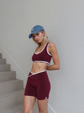 Wine Piping Trim Crop Top & Shorts Gym Set