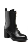 Women's Black Ankle Boots - Chunky Block Heel Platform with Gold Front Zipper