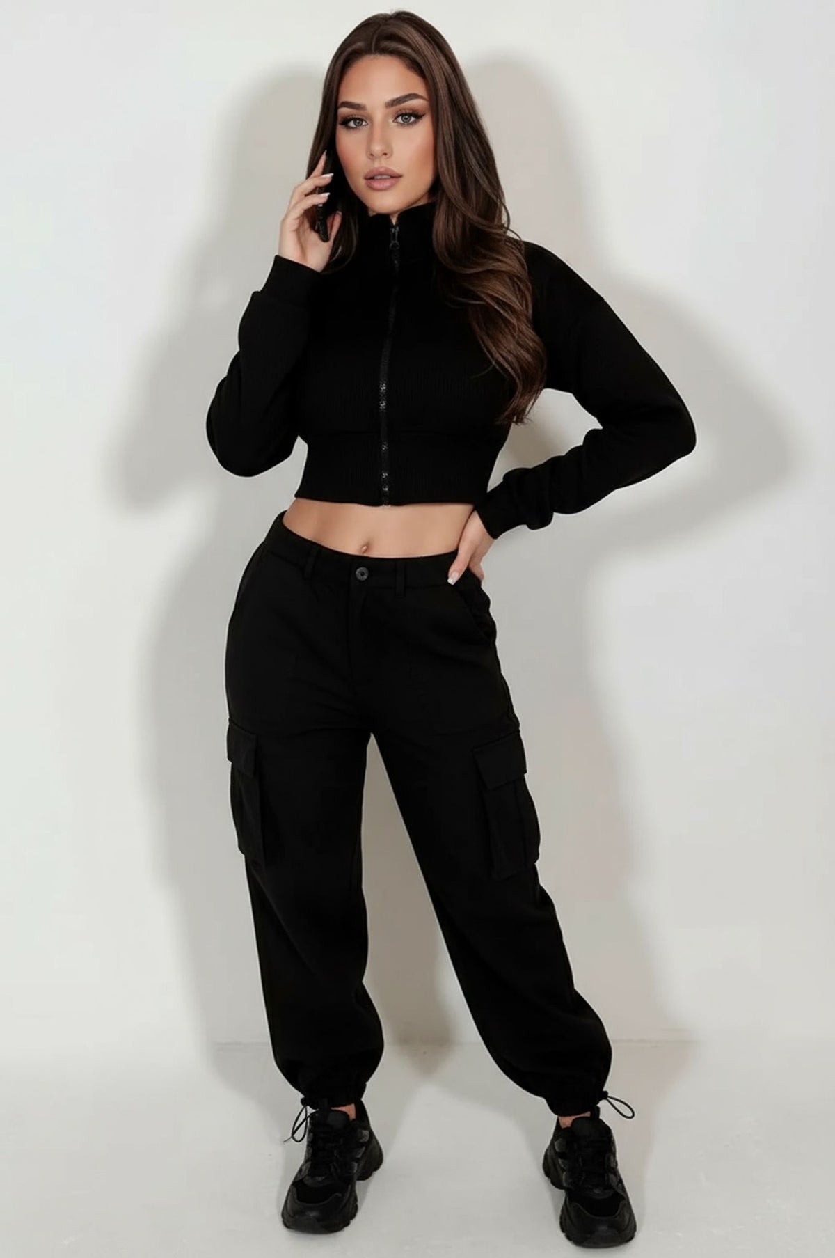 Women's Black Cropped Zip-Up Jacket & Cargo Pants Set