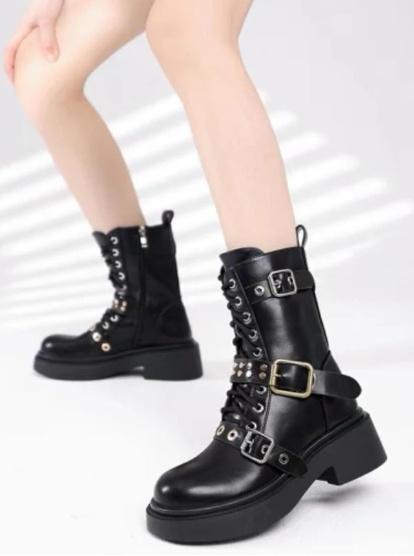 Women's Black Studded Buckle Combat Boots - Lace-Up Platform Biker Ankle Boots