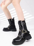 Women's Black Studded Buckle Combat Boots - Lace-Up Platform Biker Ankle Boots